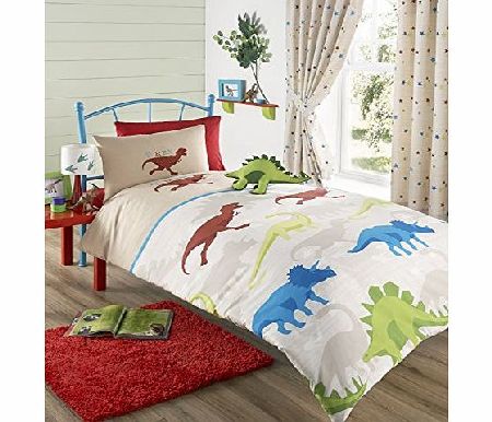 Homespace Direct Beige Embroidered Dinosaur Boys Double Duvet Cover Bed Set Kids Bedding