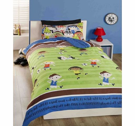 Homespace Direct Childrens Boys Football Soccer Friends Duvet Cover Quilt Bedding Set, Single (Green, Blue)