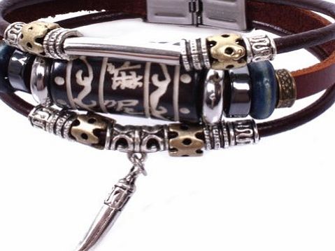 Honeystore Mens Little Pepper Pendant Cow Rope Alloy Wooden Beaded OX-bone Tungsten Steel Stone Leather Bracelet Color Multicolor Length 8 Inch