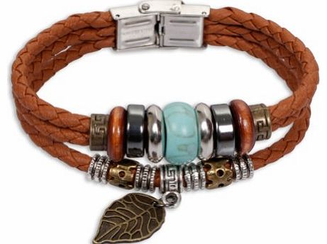 Honeystore Unisexs Alloy Leaf Pendant Wooden Beaded Tungsten Steel Stone Leather Braided Bracelets Color Multicolor Length 7-7.8 inch