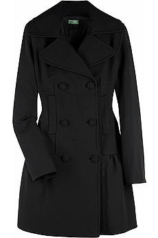 Black wool blend coat with a drop waist flared skirt.
