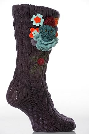 Hot Sox Ladies 1 Pair Hot Sox Cable Knit Bootie With Floral Applique And Grip Black