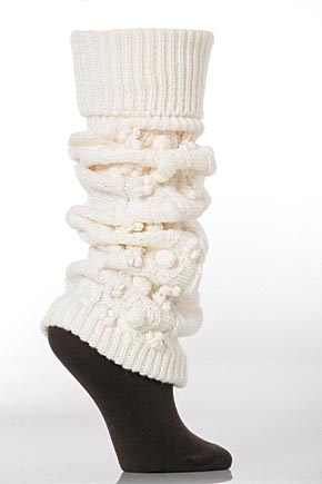 Ladies 1 Pair Hot Sox Cable Knit Turncuff Legwarmer With Pom Poms In 1 Colour Ivory