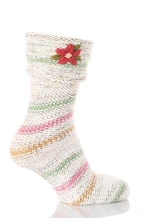 Hot Sox Ladies 1 Pair Hot Sox Multicoloured Slipper Socks With Embroidered Flower In 1 Colour Natural