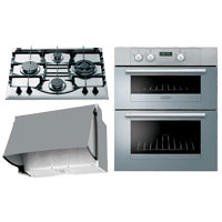 Built Under Double Oven UY46X- 4 Burner Gas Hob GF640X and Integrated Hood HTN40