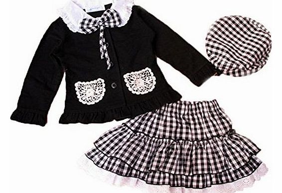 3pcs Baby Girls Kids Outfit Bowknot Top Coat+plaid Skirt+hat Dress Skirt Clothes (1-2 Years)