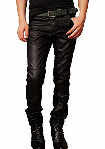 Hotportgift Mens Slim fit Skinny Pants Faux Leather Jeans Trousers Black