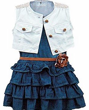 Hotportgift New ArrivalBaby Girl Kids Outfit Clothes Clothing Solid Coat   Denim A-line Dress 2 PCs Set
