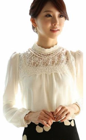 Women Long Sleeve Sheer Lace Floral Chiffon Casual Tops Blouse Shirt White