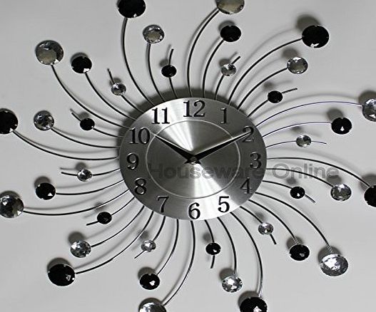 houseware online Modern 44cm handcrafted diamante beaded jeweled sunburst black silver wall clock