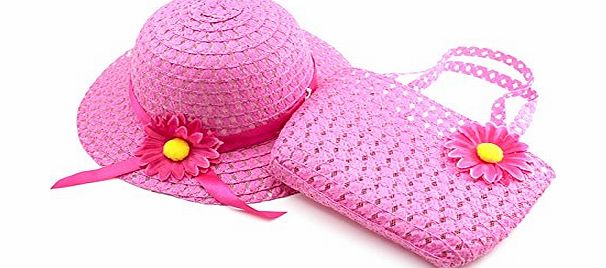 HuaYang Fresh Pastoral Style Baby Girl Summer Sun Protection Straw Hat Flower Cap Handbag(Hot Pink)