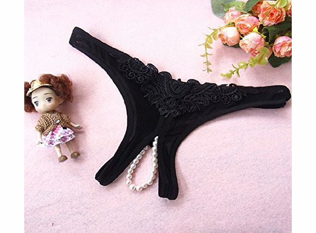 HuaYang Women Girl Sexy Black Lace Underwear Lingerie Thongs T-back G-string With Artificial Pearl Style