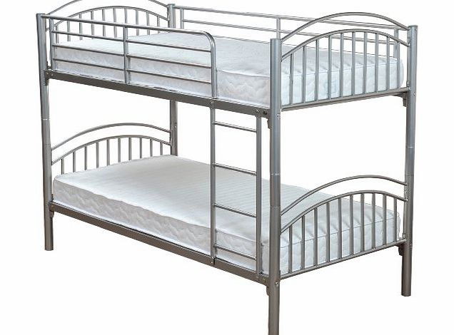 Metal Lynton Bunk with 2 Economy Coil Sprung Mattresses 3FT Single Size, L200 x W98 x H160 cm, 4-pieces, Silver