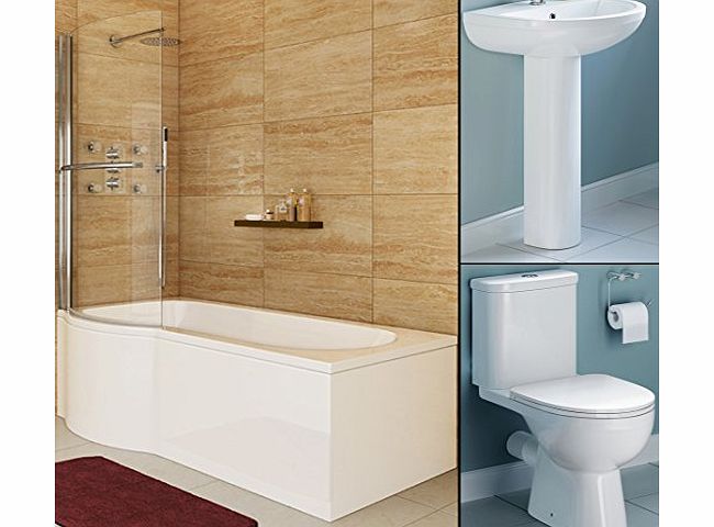 iBath P Shape Bath with Pedestal Basin Sink and Toilet Bathroom Suite