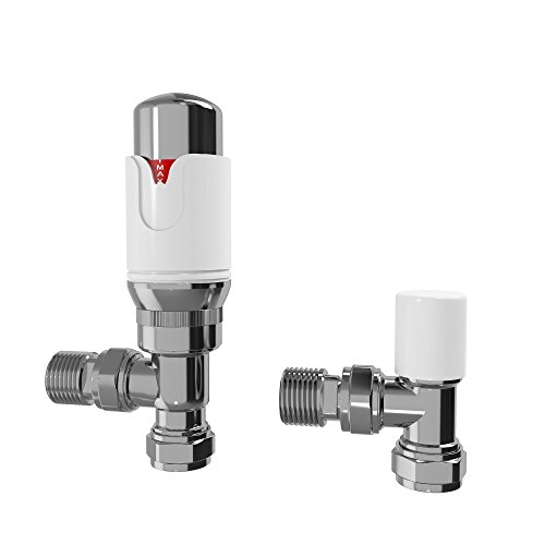 iBath White Modern Thermostatic Angled Towel Rail Radiator Valves