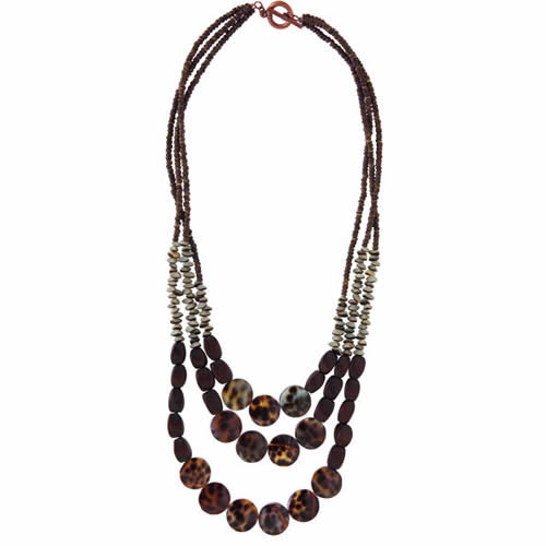 Ladies Icon 3 Tier Wood and Shell Necklace Brown