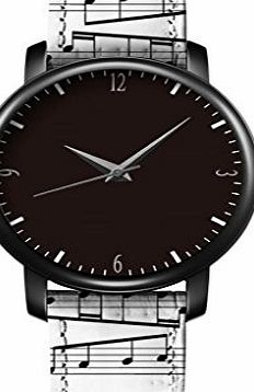 iCreat Classic Print Leather Woman Analog Quartz Wrist Watch Black Dial Black Case Watchband Design With White Black Clothes Music Notes Music