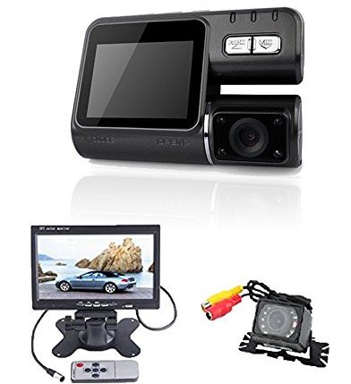 iCrown (TM) 720P Car DVR Vehicle Dual Camera Video Recorder Dash with GPS Logger G-sensor   Waterproof Car Rear View Camera with 7 inch LCD Monitor