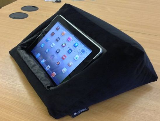 iPad Cushion Pillow Stand Holder (BLACK) for iPad and other Tablet devices. Use around the home, in bed or on the desk. Avoid iPad RSI and iPad Shoulder. Filled with bean bag beans