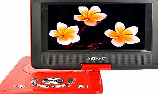 ieGeek 12.5`` Portable DVD Player with Swivel Screen, 5 Hour Rechargeable Battery, Supports SD Card and USB, Direct Play in Formats MP4/AVI/RMVB/MP3/JPEG, Red