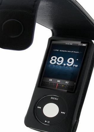 iGadgitz Genuine Leather Case Cover Holder with Detachable Carabiner, Screen Protector for New Apple iPod Nano 5G - Black