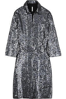 Gunmetal gray sequined coat with three-quarter length sleeves.