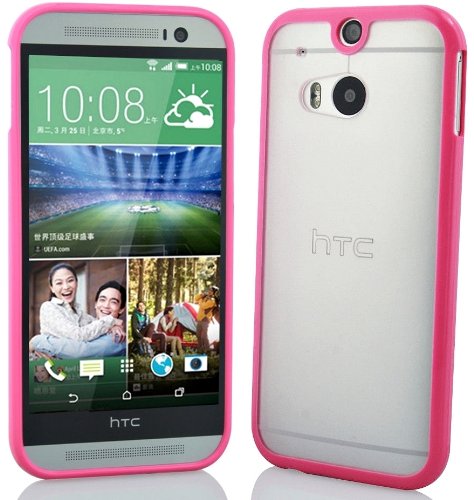 iKase HTC One-2 M8 Phone Bumper Case Cover Pink Silicone Frame with Hard Clear Back 2 Screen Protectors