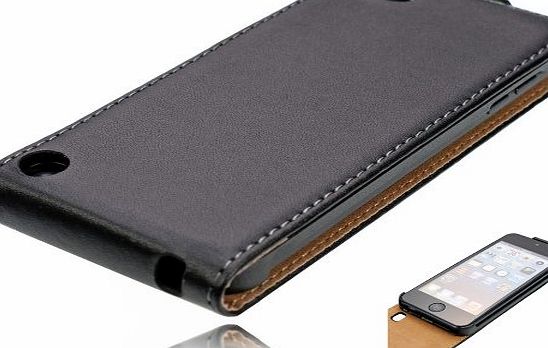 iKase iPod Touch 5th Generation Black Genuine Leather Flip Case Back Screen Cover inc 2 Free Screen Protectors Bundle