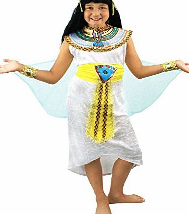 ILOVEFANCYDRESS GIRLS EGYPTIAN FANCY DRESS COSTUME CHILDS QUEEN OF THE NILE CLEOPATRA EGYPT PHARAOH PRINCESS SCHOOL CURRICULUM WHITE DRESS   COLOURED COLLAR   YELLOW GOLDEN BELT   HEADPIECE   CUFFS YEARS 6-12 (MEDIUM