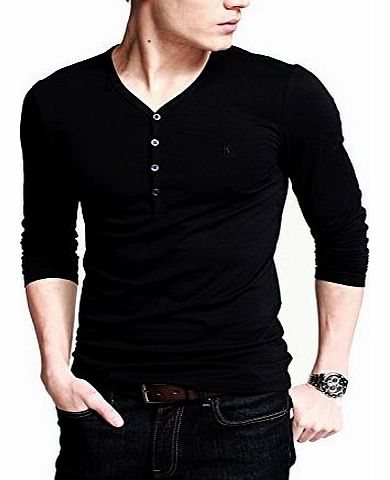 Mens Henley T-shirts With Long Sleeve Slim Fit Black Size M