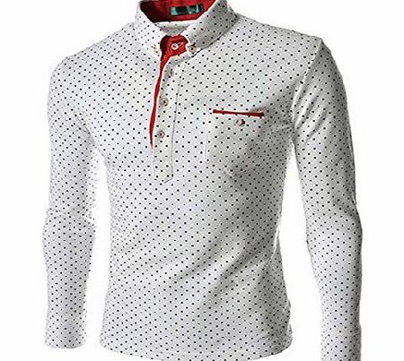 Imixcity New Fashion Mens Slim Fit Polka Dot Long Sleeve Polo Shirts Casual T Shirt Tee (M, White)