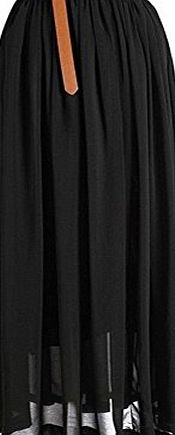 Imixcity Women Double Layer Chiffon pleated Retro Long Elastic Waist Maxi Dress Skirt (Black)