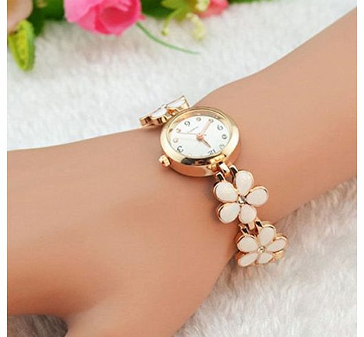Imixcity Women Girl Chic Fashion Daisies Flower Rose Golden Bracelet Wrist Watches (White)