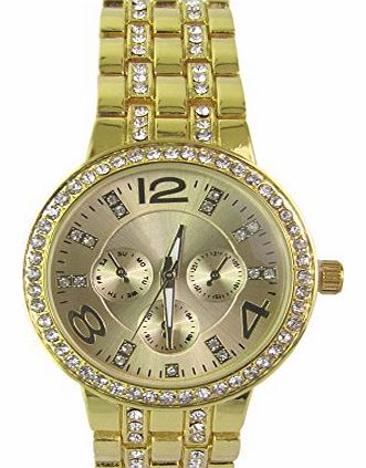 Womens Lady Luxury Gold Bling Crystal Quartz Rhinestone Wrist Bracelet Watch (Gold)