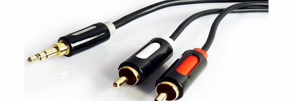 Stereo AUX-IN Cable 3.5mm to 2 x RCA Phono (1.2m) for connecting iPod, iPhone, iPad, smartphones, tablets and mp3 players - With stepped slimline connector, to accommodate cases