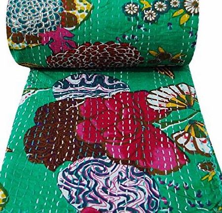 Indianbeautifulart Floral Print Gudri Green Kantha Stitch Pure Cotton Quilt Queen Size Bed Spread 106 X 84