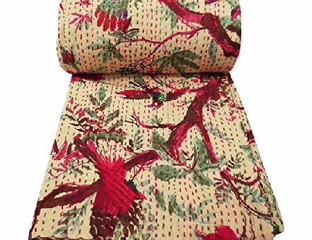 Indianbeautifulart Pure Cotton Gudri New Kantha Stitch Quilt Nature Pattern Queen Size Bed Spread India 104 X 88