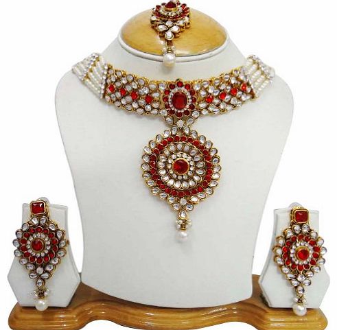 Wedding Bridal Wear Pearl Red CZ Ethnic Necklace Set Traditional Indian Women Jewellery Gift