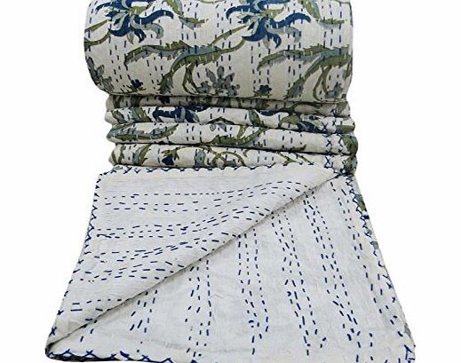 Indianbeautifulart White Floral Gudri Pure Cotton Twin Size Bed Spread New Kantha Stitch Quilt 108X90