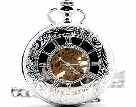 Infinite U Dual Time Display Hollow Skeleton Unisex Pendant Necklace Steel Mechanical Pocket Watch -Gray
