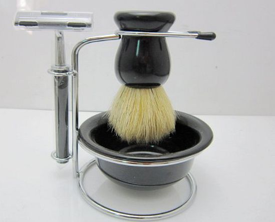 Infinitive Beauty Luxury 4 Piece Shaving Kit Set Including Boar Bristle Brush, Chrome Plated Double Blade Razor, Stand Holder 