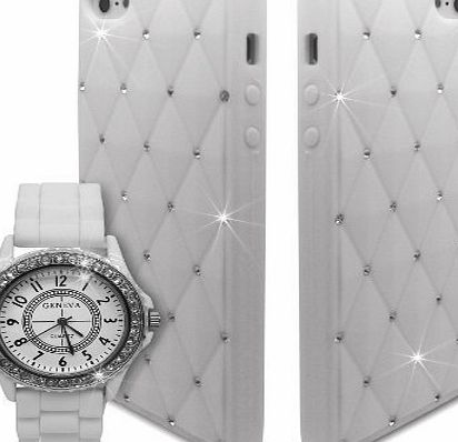 Bling Diamante Crystal Silicone Unisex Watch with Case for Apple iPhone 4 4S - White
