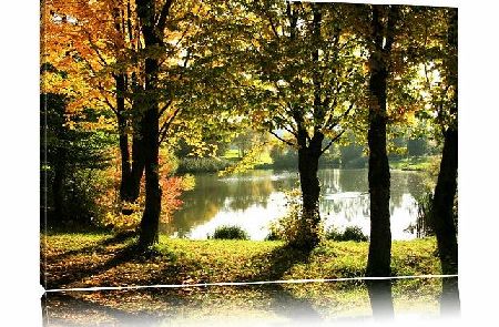 Landscape with lake and trees, painting on canvas, XXL Pictures completely framed with large wedge frames, wall picture art print with frame, cheaper than painting or an oil painting, not a poster or 