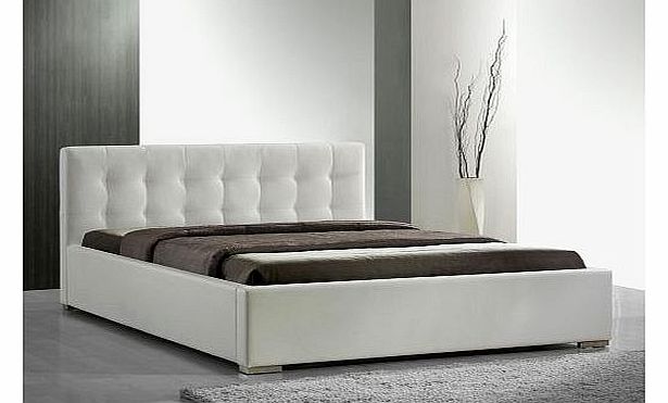 Interama Cool faux leather sleigh bed in colour white sizes: 63x79 in (160x200cm) double beds frames upholstered bedsteads designs with headbord, slatted bed and legs in stock
