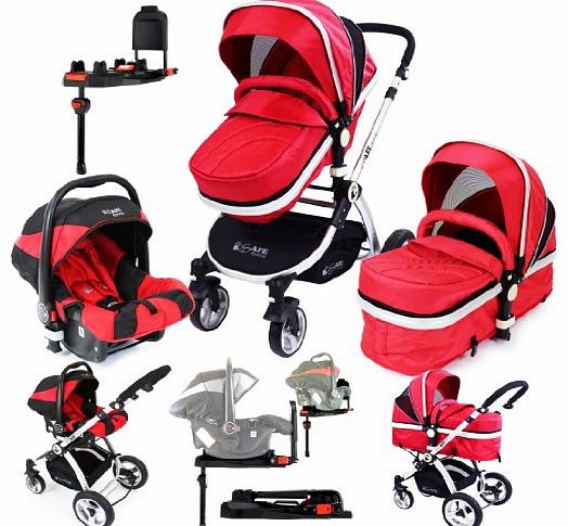 Baby Pram Travel System 3 in 1 - Red Car Seat & iSOFIX Base