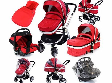 iSafe Baby Pram Travel System 3 in 1 - Red Car Seat Rain Covers amp; Footmuffs