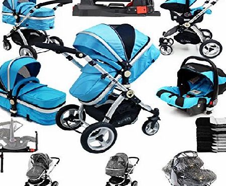 i-Safe System + iSOFIX Base - Ocean Trio Travel System Pram & Luxury Stroller 3 in 1 Complete With Car Seat + Footmuff + Carseat Footmuff + RainCovers