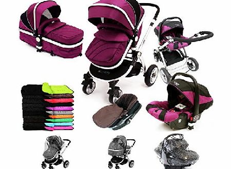 i-Safe System + iSOFIX Base - Plum Trio Travel System Pram & Luxury Stroller 3 in 1 Complete With Car Seat + Footmuff + Carseat Footmuff + RainCovers