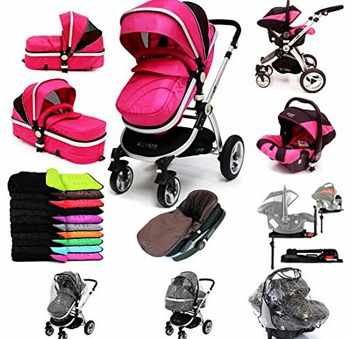 i-Safe System + iSOFIX Base - Raspberry (Pink) Trio Travel System Pram & Luxury Stroller 3 in 1 Complete With Car Seat + Footmuff + Carseat Footmuff + RainCovers