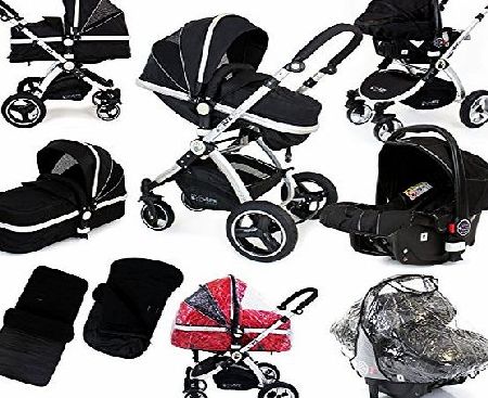 i-Safe System - Black Grey Travel System Pram & Luxury Stroller 3 in 1 Complete With Footmuff, Head support, Carseat Footmuff, All the Raincovers iSafe